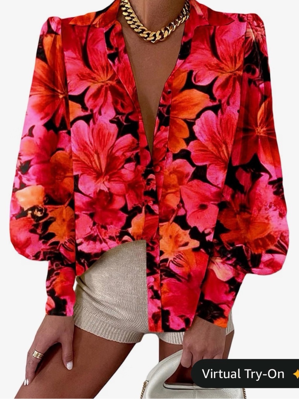 Red Floral Button-Down Blouse with Puff Sleeves